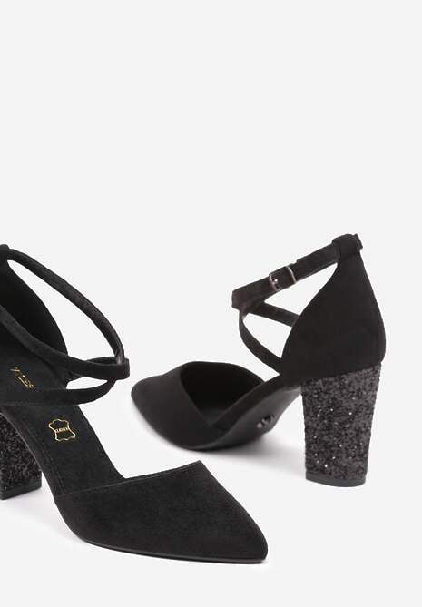 Czarne Czółenka na Brokatowym Słupku ze Skórzaną Wkładką i Ozdobnymi Paskami Leaniria