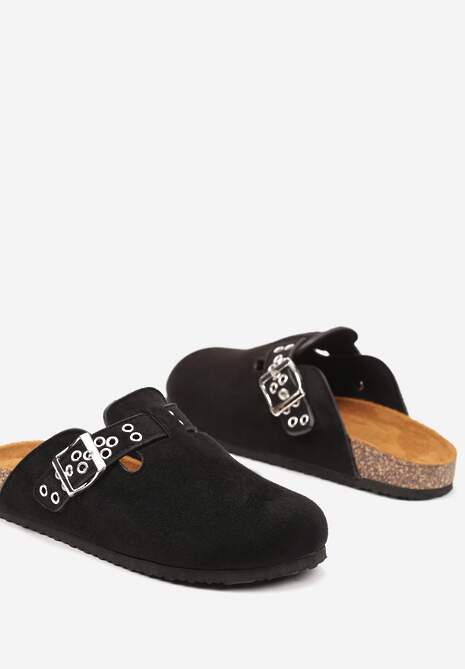 Czarne Klapki w Typie Muli Chodaków ze Sprzączką Lanelita