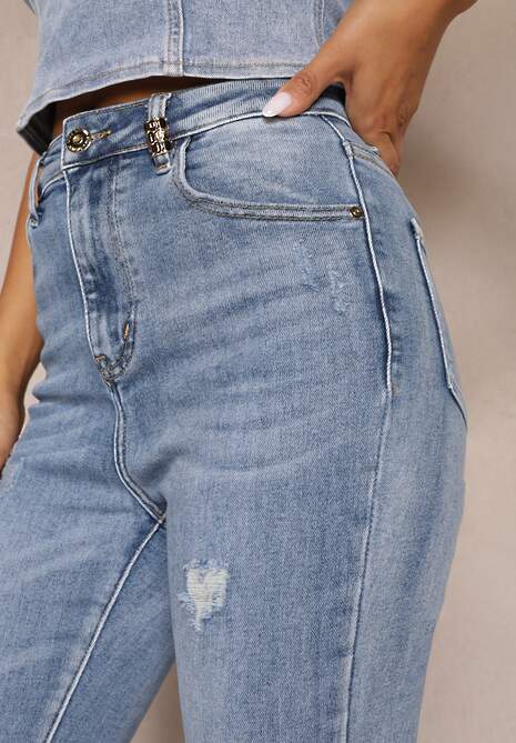 Jasnoniebieskie Casualowe Skinny Jeansy z Bawełny z Przetarciami na Nogawkach Cirea