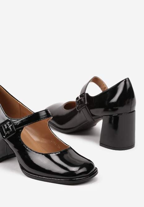 Czarne Lakierowane Półbuty na Słupkowym Obcasie z Paskiem z Klamerką Lemida