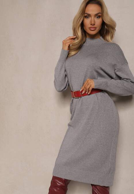 Szara Pudełkowa Sukienka z Półgolfem Wiskozą Modalem i Prążkowanymi Elementami Ennora