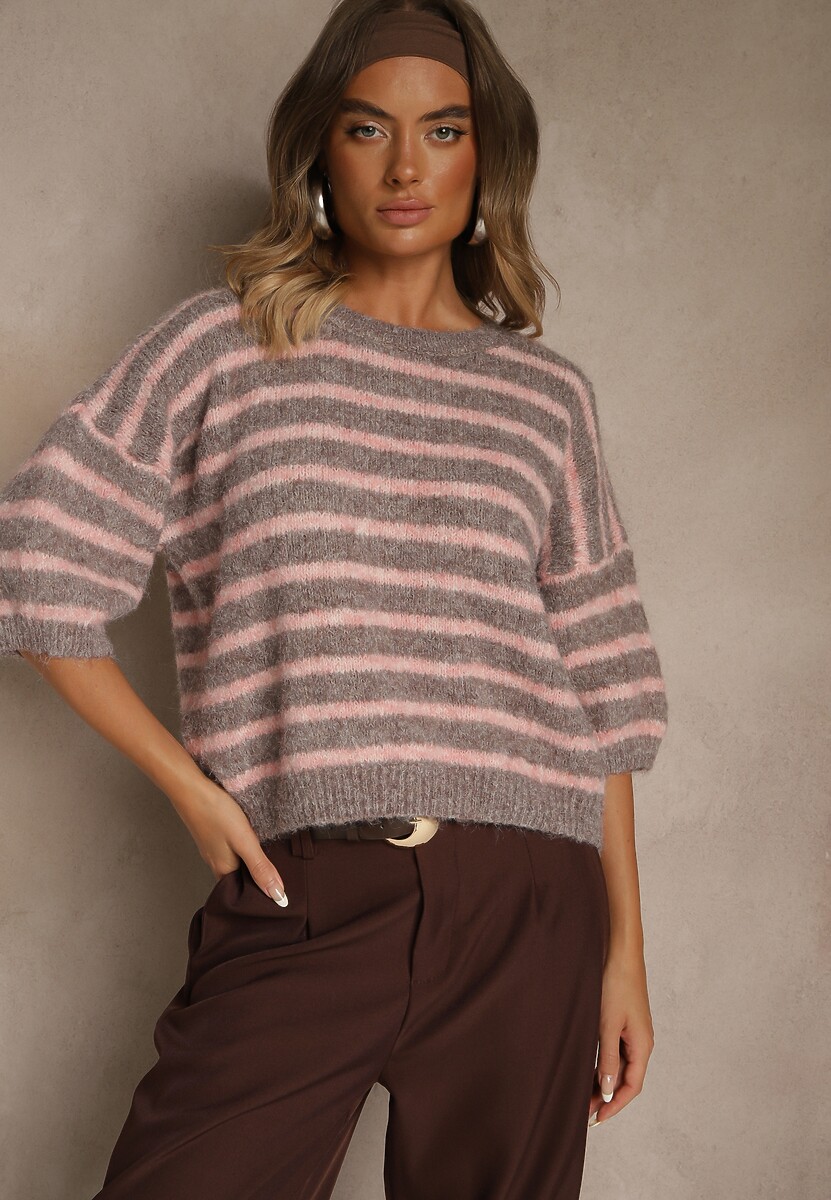 Brązowy Sweter z Wełną Ozdobiony Paskami i Bufiastymi Rękawami Rilesse