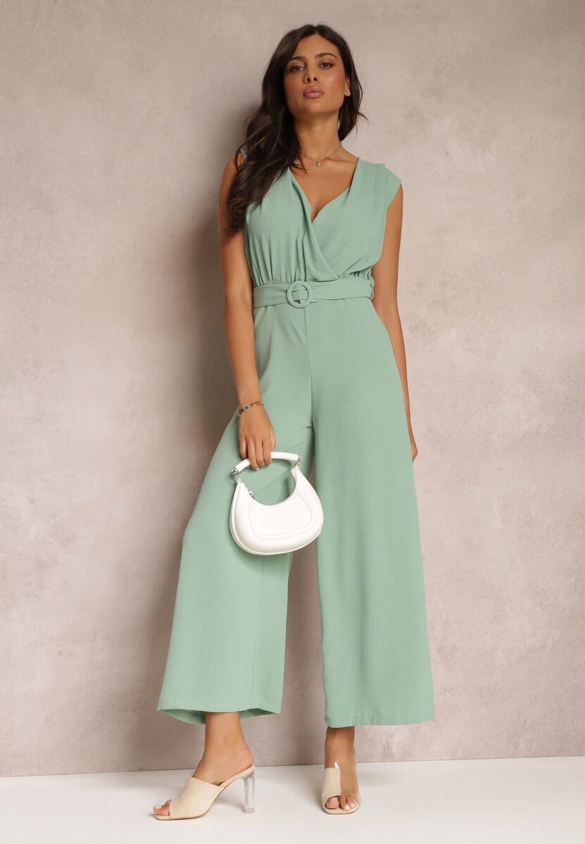 Zielony Długi Kombinezon z Kopertowym Dekoltem i Paskiem Violettsa