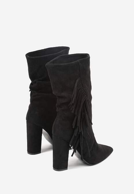 Czarne Botki Kowbojki na Słupku z Frędzlami Reisetia