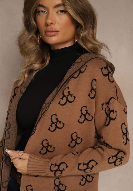 Brązowy Kardigan Ozdobiony Geometrycznym Wzorem Ralittia