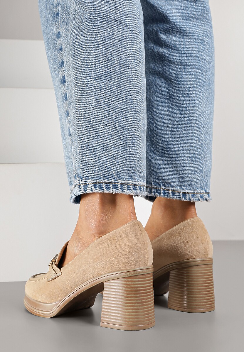 Ciemnobeżowe Półbuty w Stylu Mokasynów na Słupku z Klamerką Amledis