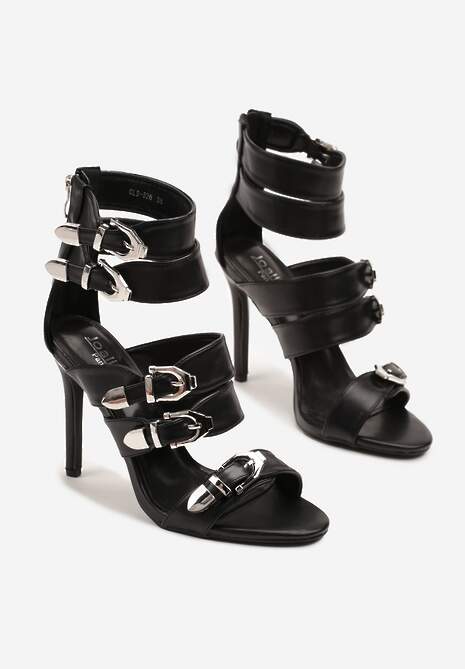 Czarne Sandały na Szpilce z Klamrami i Paskami Lavilione
