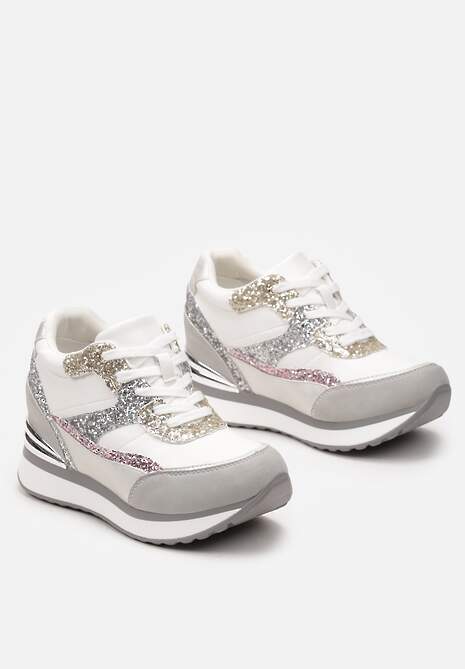 Szaro-Różowe Brokatowe Sneakersy na Ukrytym Koturnie Zophiela