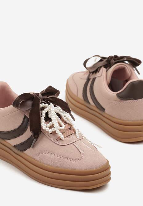 Różowe Sneakersy Tenisówki na Tłoczonej Platformie Ozdobione Perłami Ashinne