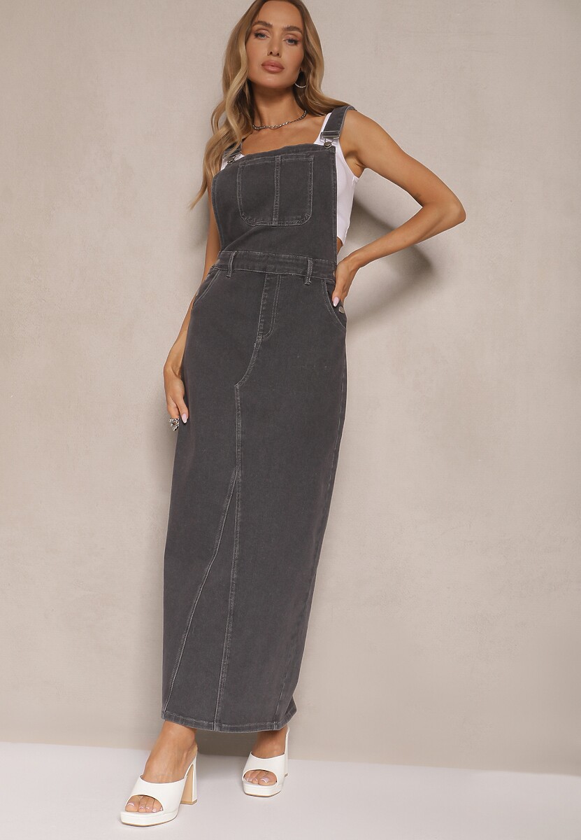 Ciemnoszara Sukienka o Kroju Ogrodniczki z Ozdobnym Rozcięciem Ralhira