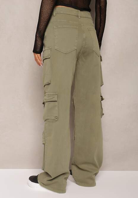 Zielone Jeansy Cargo z Szerokimi Kieszeniami z Klapami na Nogawkach Nihla