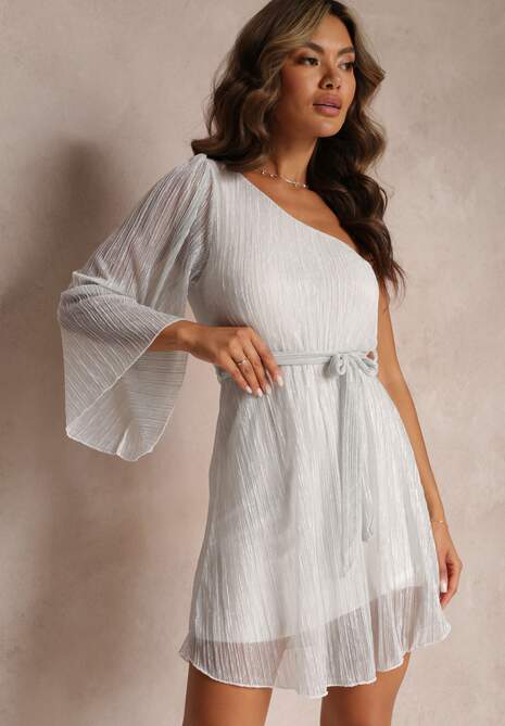 Jasnoszara Rozkloszowana Sukienka na Jedno Ramię z Metaliczną Nitką i Wiązanym Paskiem Dionthea