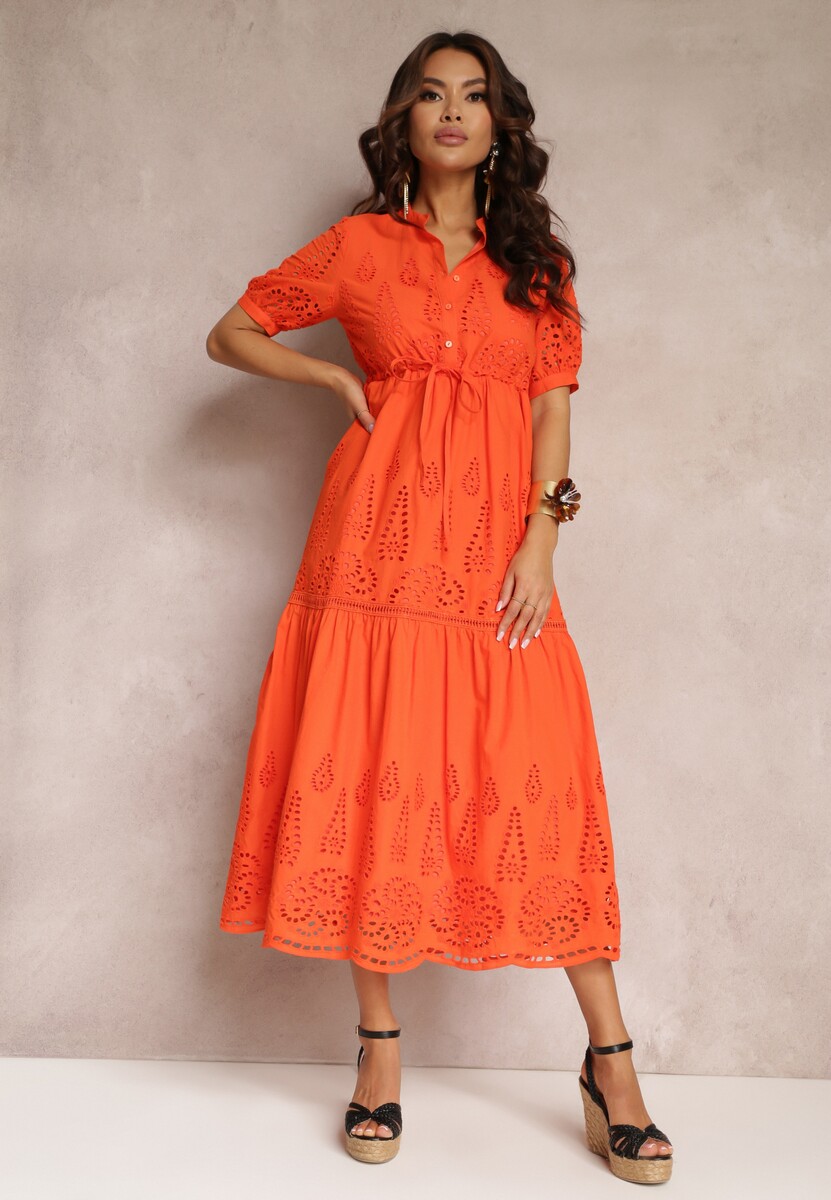 Pomarańczowa Haftowana Sukienka Bawełniana ze Ściągaczem w Talii Ineryna