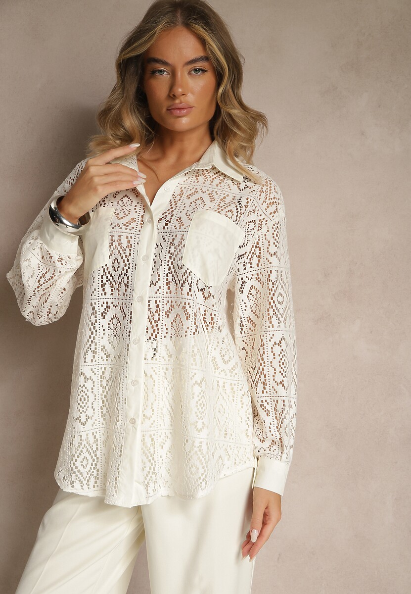 Czarna Koszula z Ażurowej Tkaniny z Kieszeniami Terista