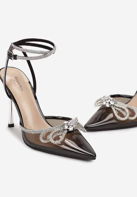 Czarne Transparentne Sandały na Szpilce z Cienkimi Paskami z Cyrkoniami Peppis