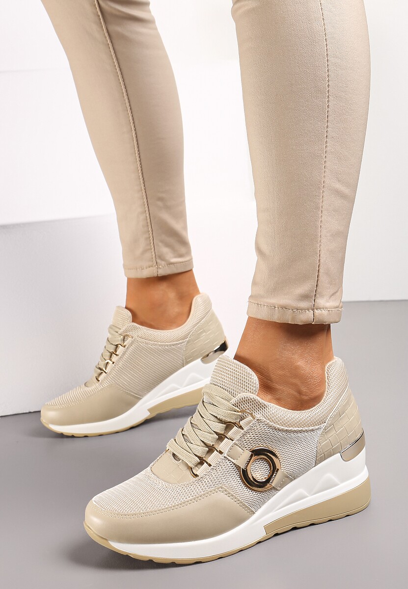 Beżowe Sneakersy na Koturnie z Metalicznymi Wstawkami Tapa