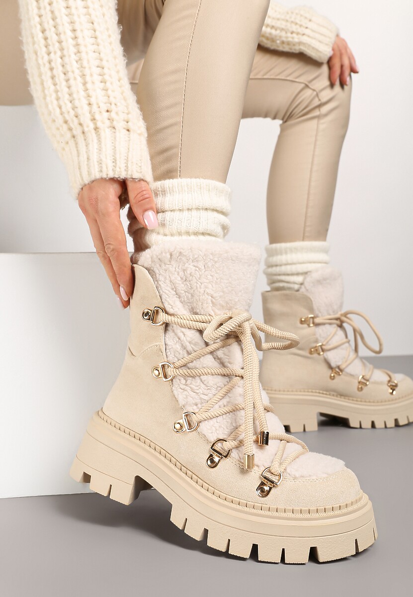 Beżowe Sznurowane Śniegowce na Platformie z Ociepleniem Innathiel