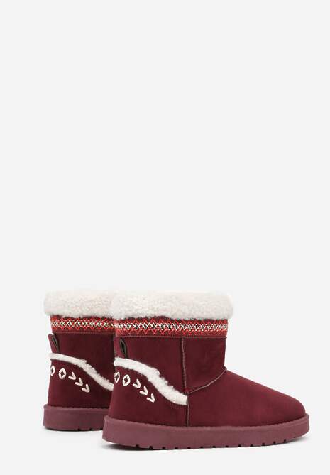 Bordowe Śniegowce o Wsuwanym Fasonie z Haftem i Futrem przy Cholewce Mevinadia