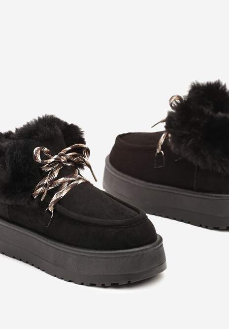 Czarne Futerkowe Śniegowce na Platformie ze Sznurowaniem Rienne