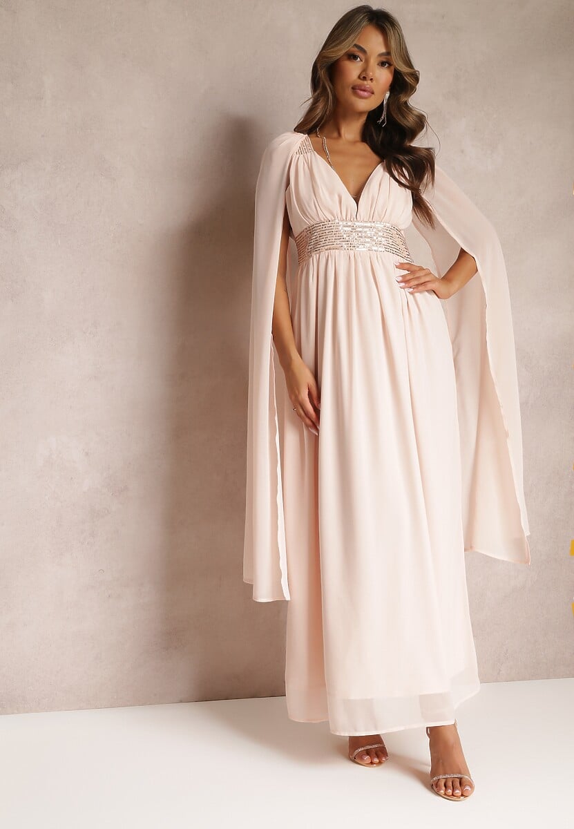 Beżowa Maxi Sukienka o Rozkloszowanym Fasonie Ozdobiona Cekinami na Szerokich Ramiączkach Nedilva