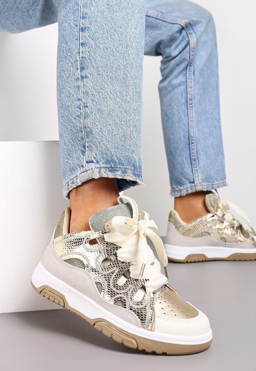 Złote Sneakersy Ozdobione Brokatem z Oryginalnym Sznurowaniem Patricie
