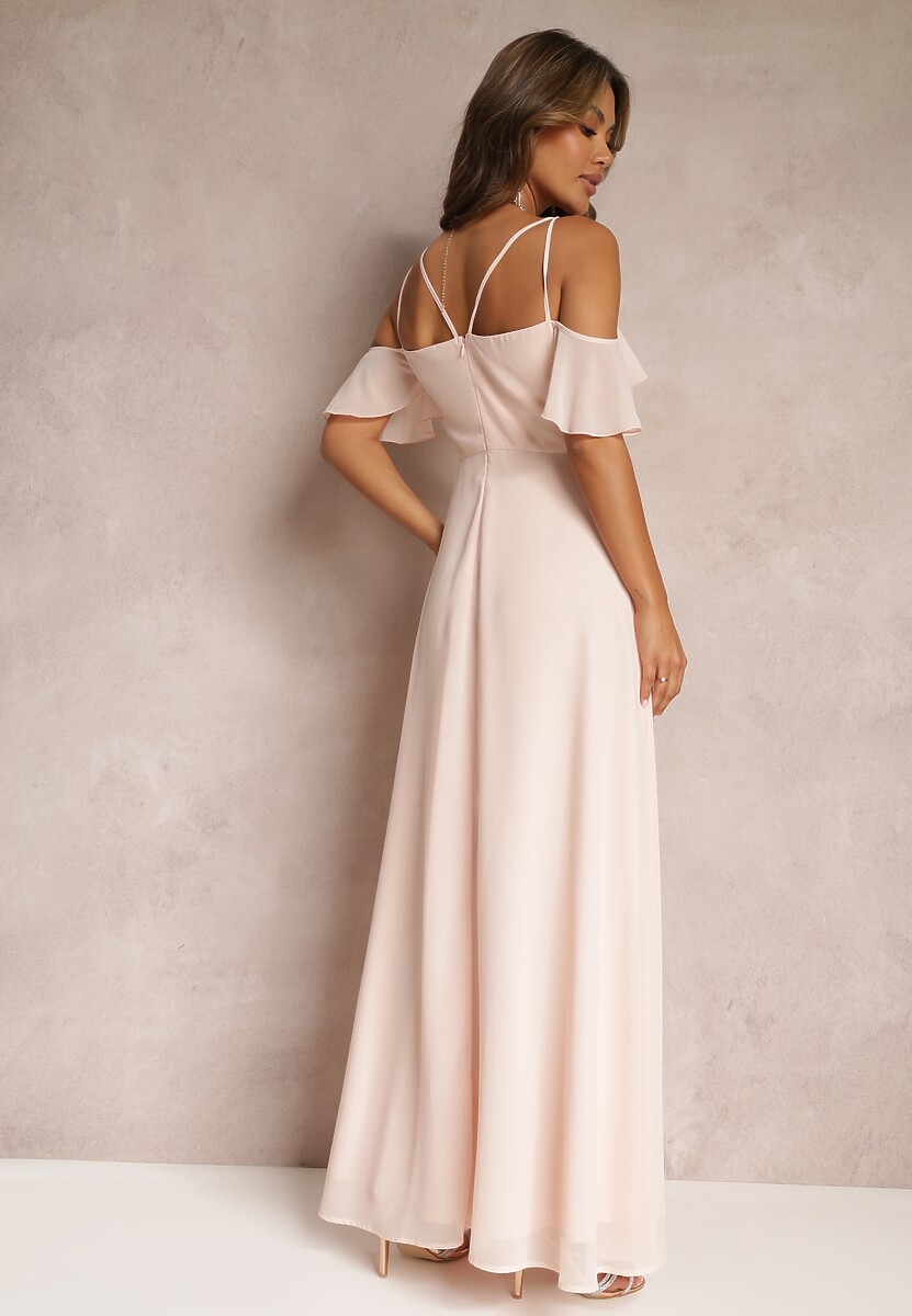 Różowa Rozkloszowana Sukienka Maxi o Kopertowym Fasonie na Cienkich Ramiączkach Burwena