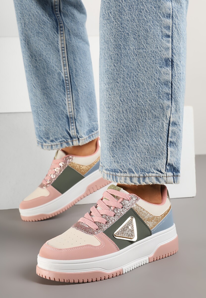 Różowo-Zielone Sneakersy z Perforacją Cyrkoniami i Brokatem Tillidara