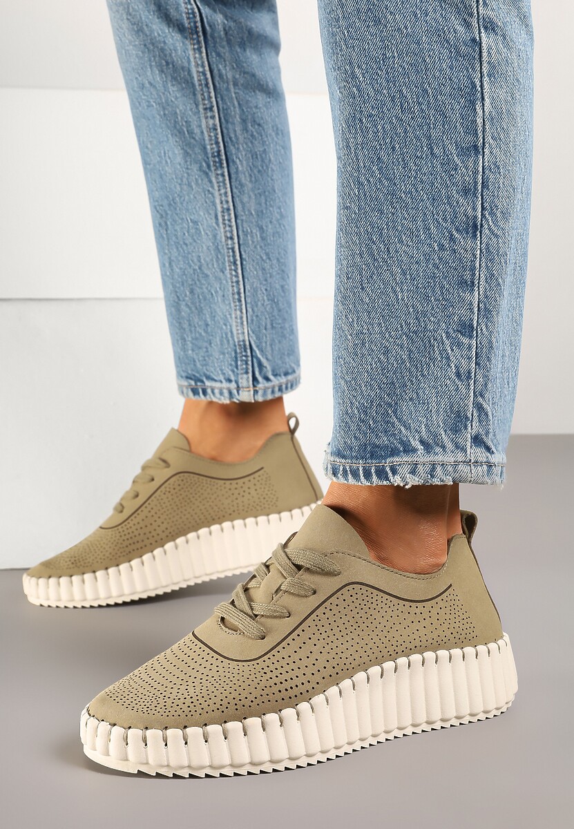 Ciemnobeżowe Sneakersy na Tłoczonej Platformie z Ażurową Cholewką Ronfira