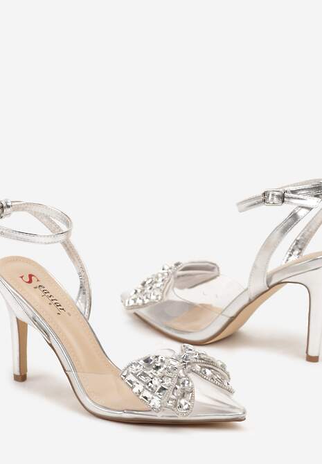 Srebrne Sandały na Obcasie z Przezroczystym Noskiem z Cyrkoniową Kokardą Azilda