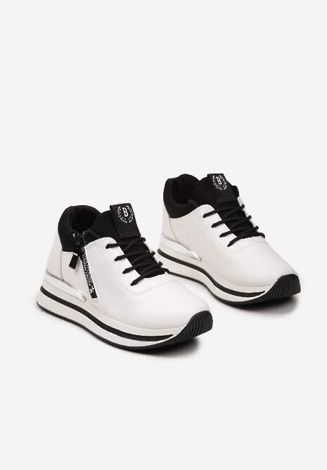 Biało-Czarne Sznurowane Sneakersy na Niskiej Platformie z Ozdobnym Suwakiem Alirapa