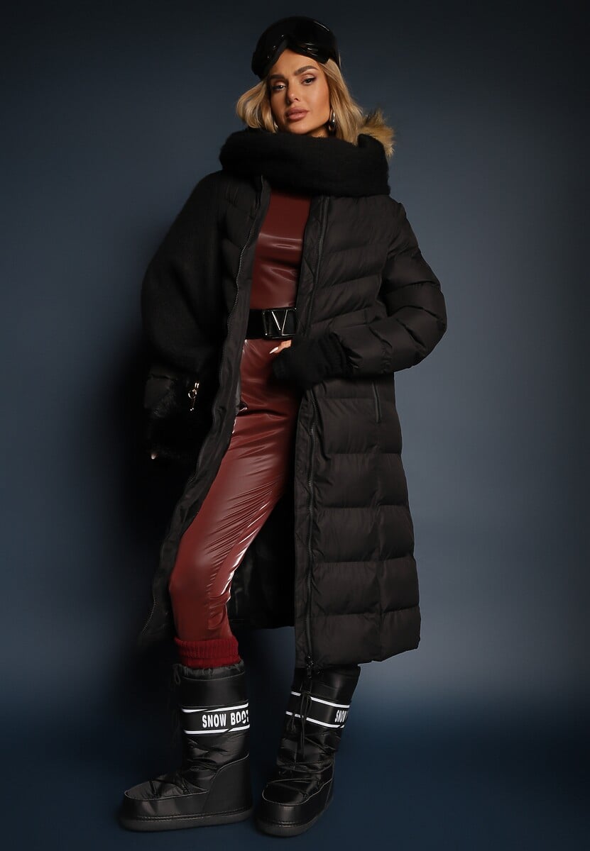 Beżowa Kurtka Zimowa z Pikowanymi Przeszyciami i Kapturem z Futrem Alirina