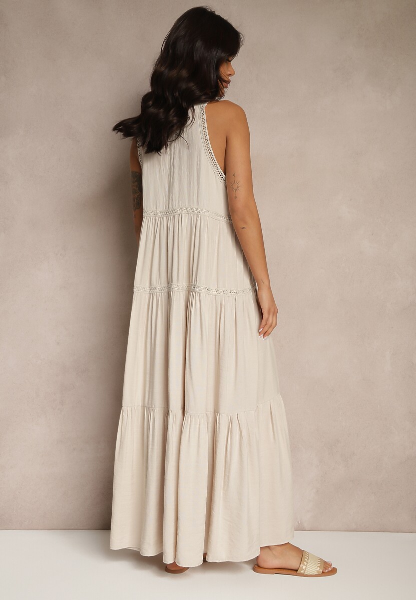 Beżowa Sukienka z Wiskozą Ozdobiona Szydełkowym Motywem Mevelta