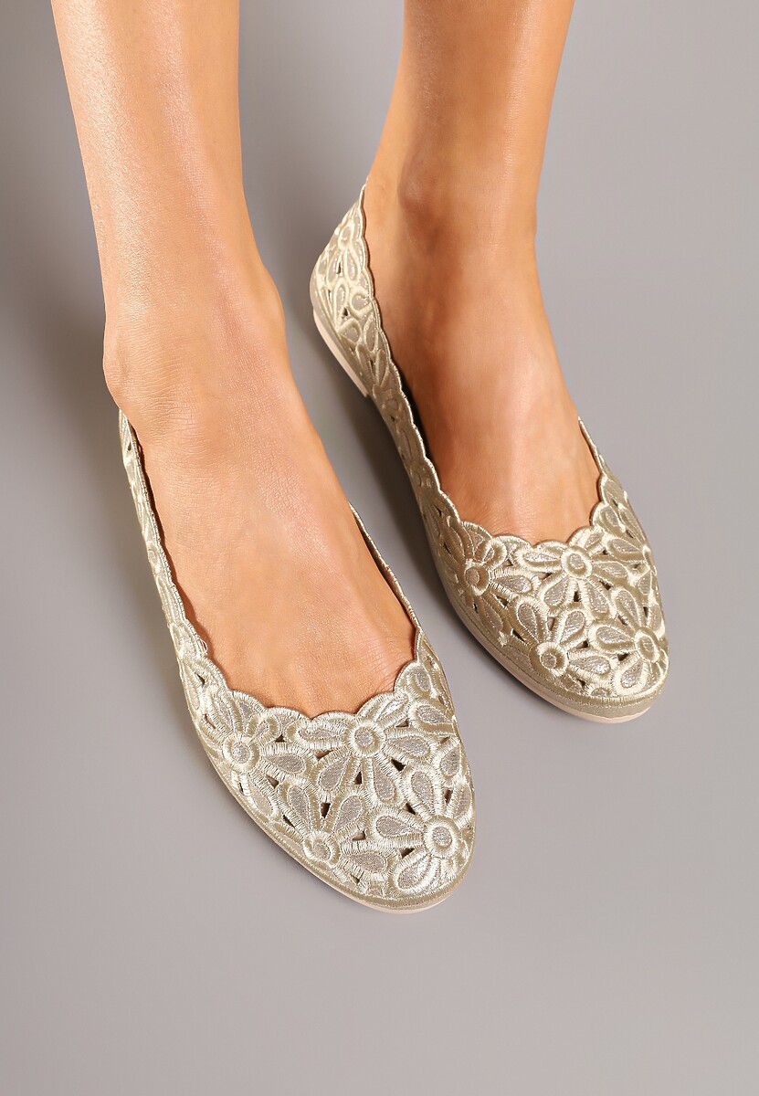 Złote Ażurowe Balerinki Vices z Haftem w Kwiaty Efasania