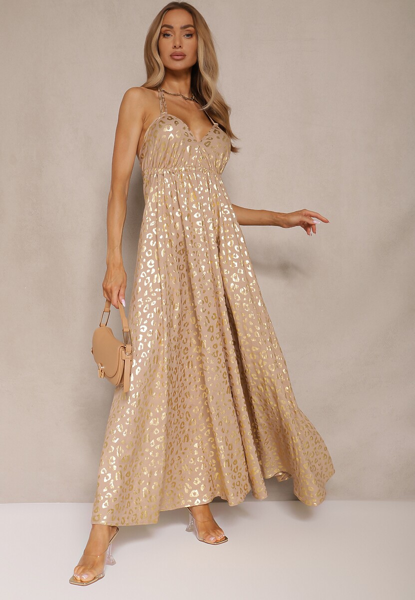 Beżowa Wiskozowa Sukienka Halter Zdobiona Metalicznym Nadrukiem w Panterkę Linaruna