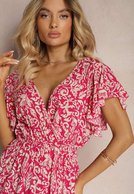 Fuksjowa Sukienka z Bawełny o Rozkloszowanym Kroju Ozdobiona Falbanami i Gumką w Talii Neliaura