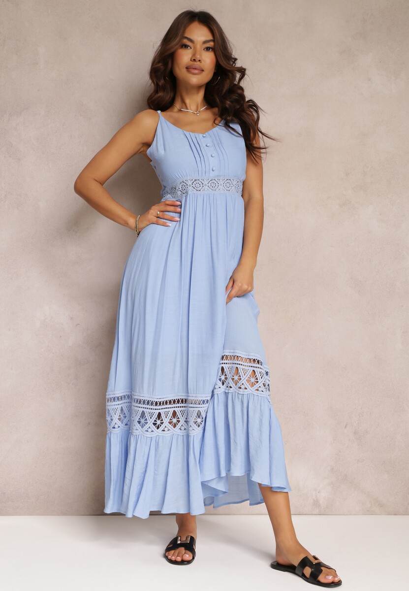 Niebieska Rozkloszowana Sukienka Maxi z Falbanką i Koronką Luluma