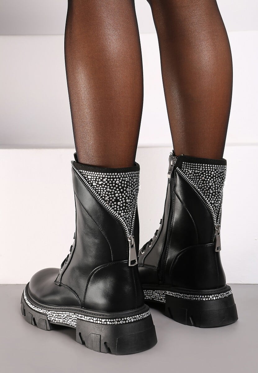 Czarne Botki w Typie Workerów z Ozdobnymi Cyrkoniami Eriselaes