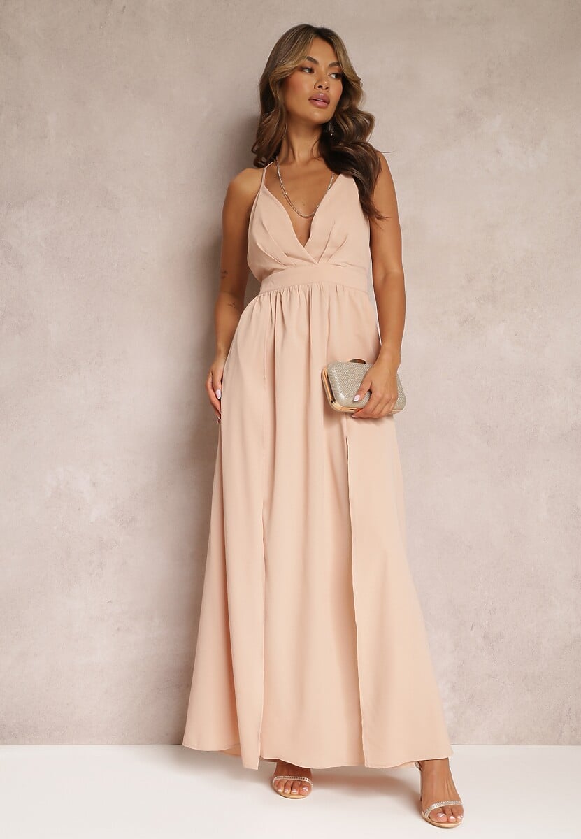 Beżowa Rozkloszowana Sukienka Maxi na Ramiączkach z Trójkątnym Dekoltem Claudi