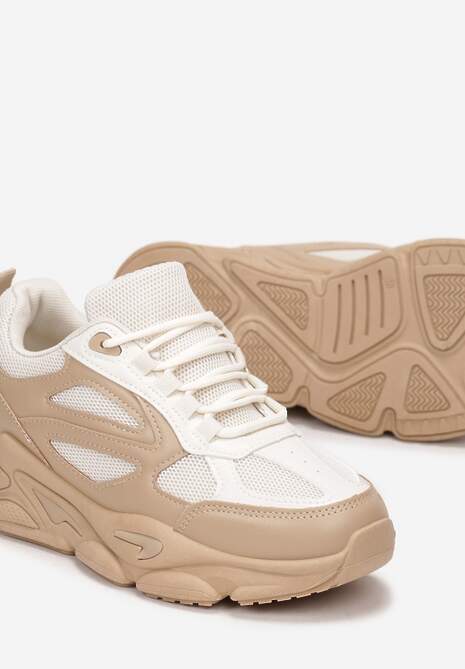 Ciemnobeżowe Sneakersy na Grubej Podeszwie ze Wstawkami Tula