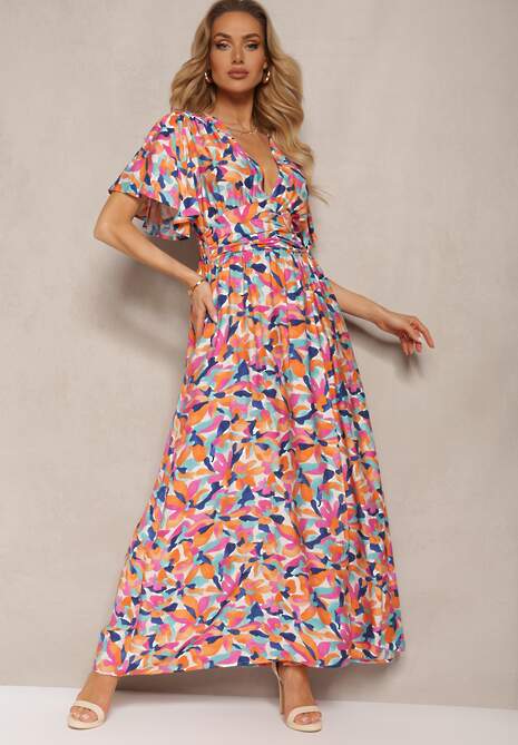 Pomarańczowo-Granatowa Wiskozowa Sukienka z Gumką w Talii z Ozdobnymi Marszczeniami i Rozcięciem Glara