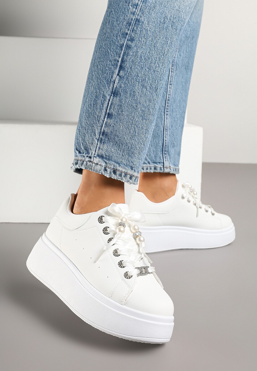 Biało-Czarne Sneakersy na Platformie Ozdobione Cyrkoniami Vivalle