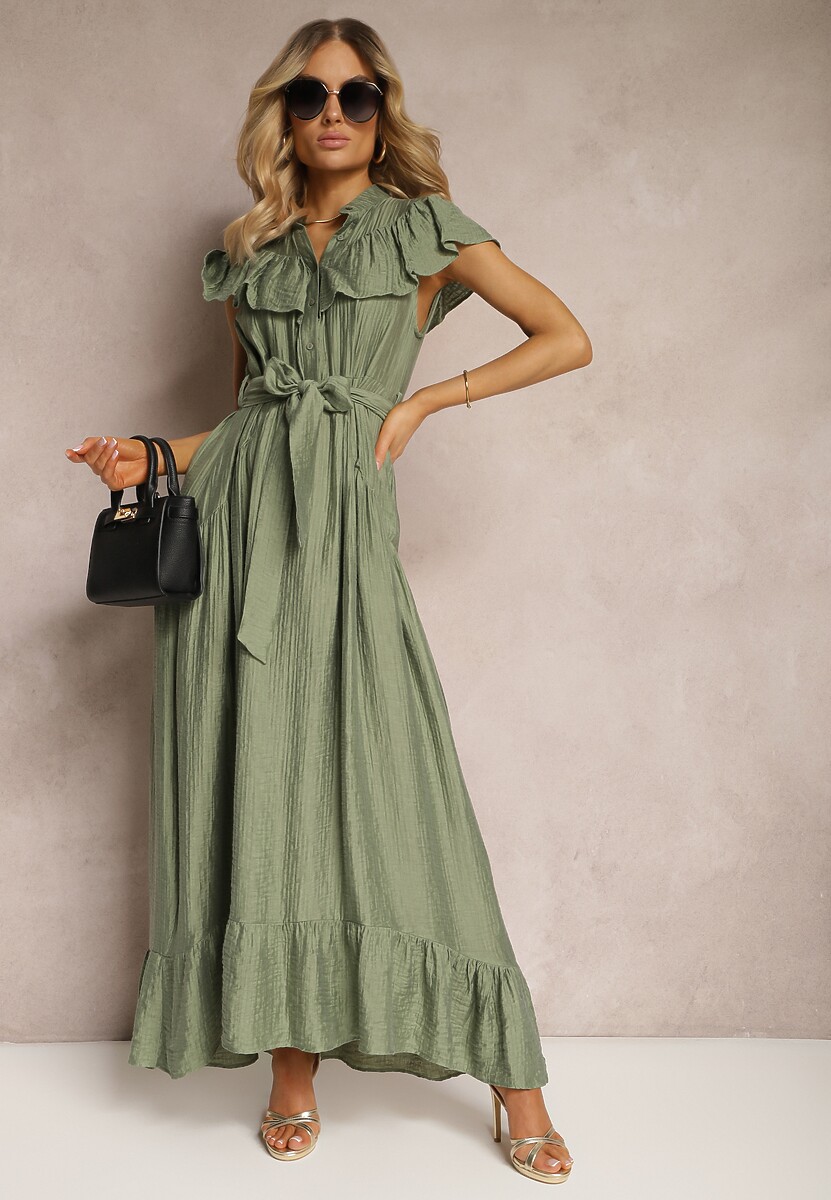 Zielona Sukienka z Materiałowym Paskiem i Wiskozą Wykończona Guzikami i Falbanką Hanesi