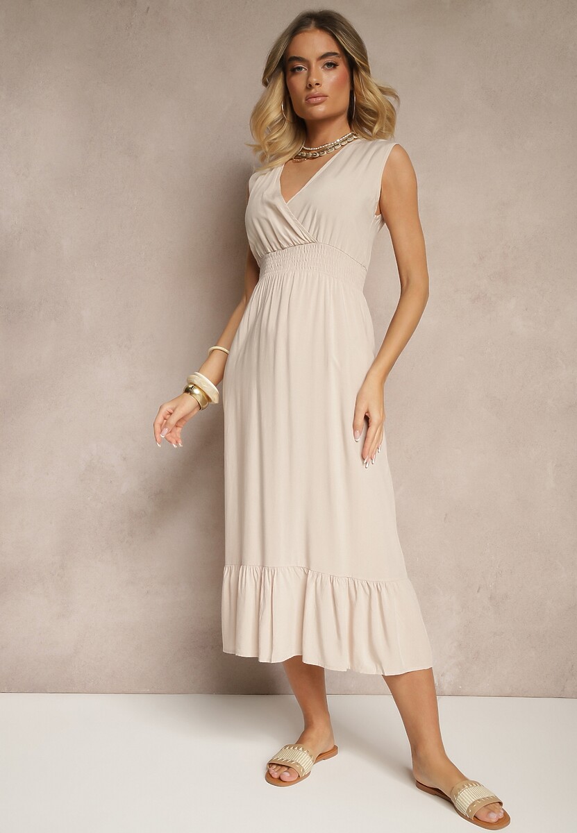 Beżowa Kopertowa Sukienka z Wiskozy Zdobiona Falbanką Ularisela