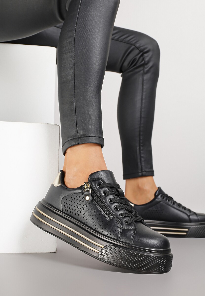 Czarne Sneakersy na Platformie Ozdobione Suwakiem i Perforacją Gioseria