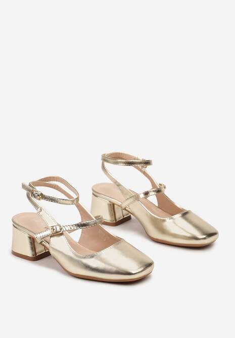 Złote Czółenka Lakierowane Zapinane na Dwie Sprzączki z Noskiem w Kwadrat Altheania