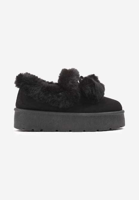 Czarne Śniegowce na Platformie z Pomponami i Ozdobnym Sztucznym Futerkiem Iriviane