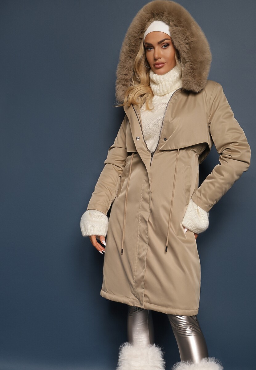 Beżowa Kurtka Płaszcz ze Ściągaczem i Kapturem z Ozdobnym Futerkiem Livieya