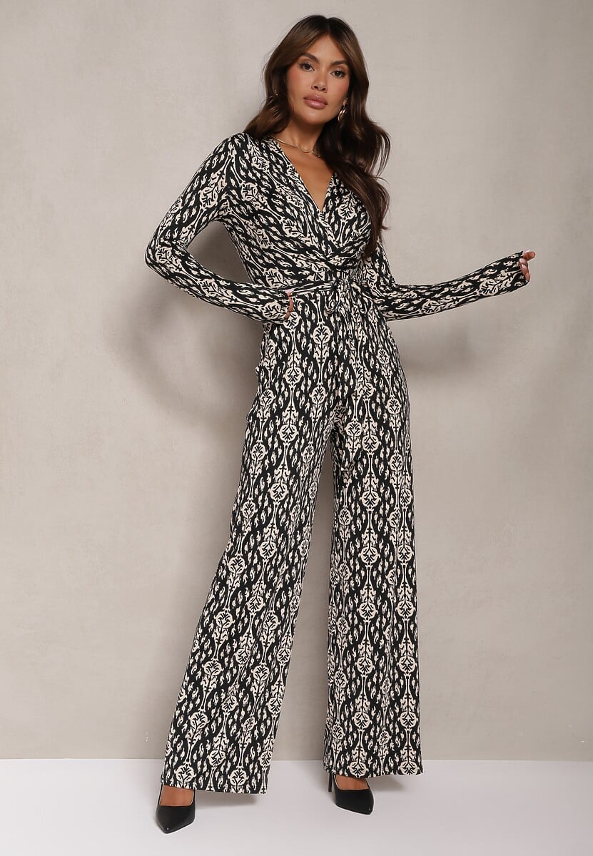 Beżowy Kopertowy Kombinezon z Paskiem w Talii i Ozdobnym Wzorem Mirannda