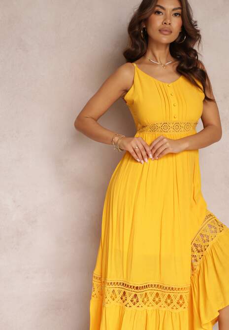Żółta Rozkloszowana Sukienka Maxi z Falbanką i Koronką Luluma
