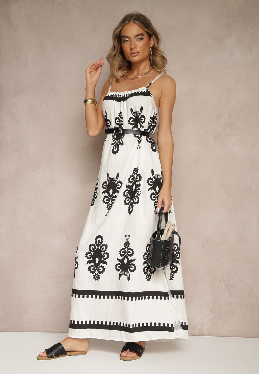 Biała Rozkloszowana Sukienka na Ramiączkach w Ornamentalny Print Reveleine